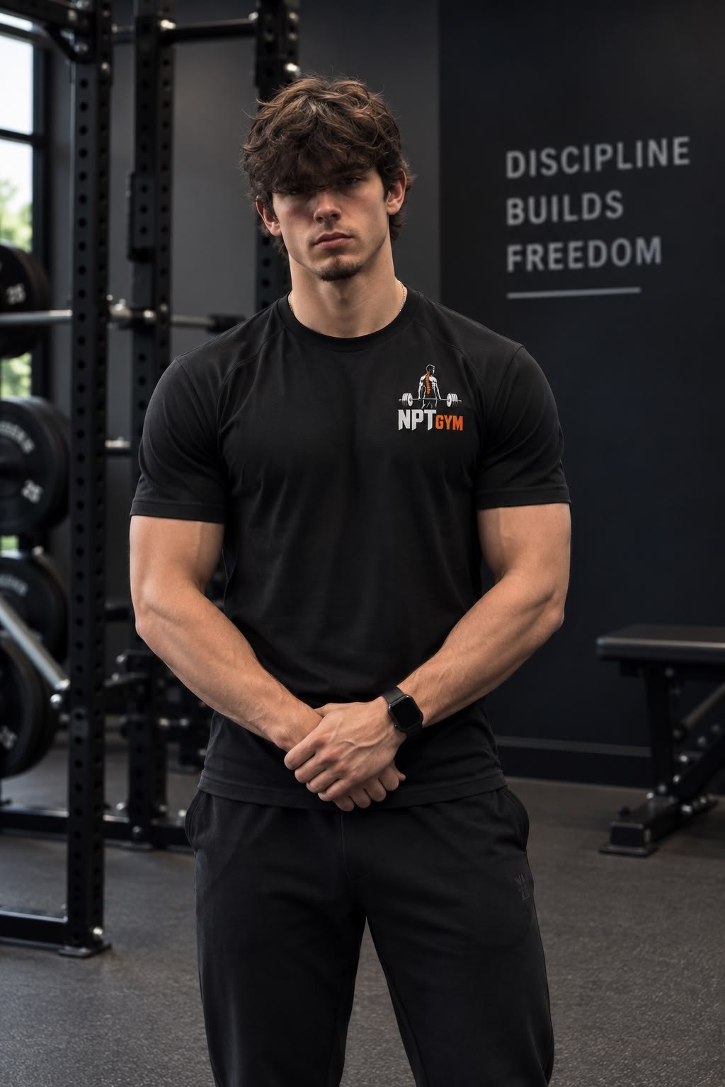 Niko Addonisio in the NPT GYM tee, standing in the gym